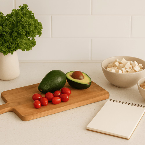 Frau im Alltag, die unter Mental Load steht und Schwierigkeiten hat, sich regelmäßig und gesund zu ernähren. Helle, natürliche Darstellung von Frauengesundheit, Ernährung, Stress und Alltagsbelastung. Symbolische Darstellung dafür, wie Erschöpfung, Decision Fatigue und mentale Last gesunde Ernährung im Alltag beeinflussen.