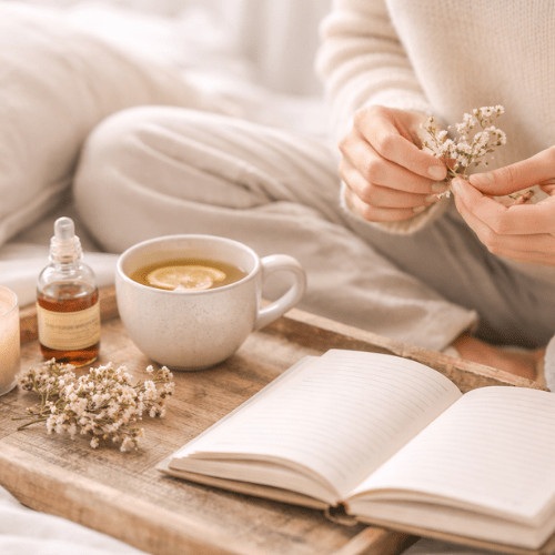 Illustration zum weiblichen Zyklus, die hormonelle Abläufe und Zyklusphasen zeigt und erklärt, wie Hormone Stimmung, Energie und Körperempfinden beeinflussen.