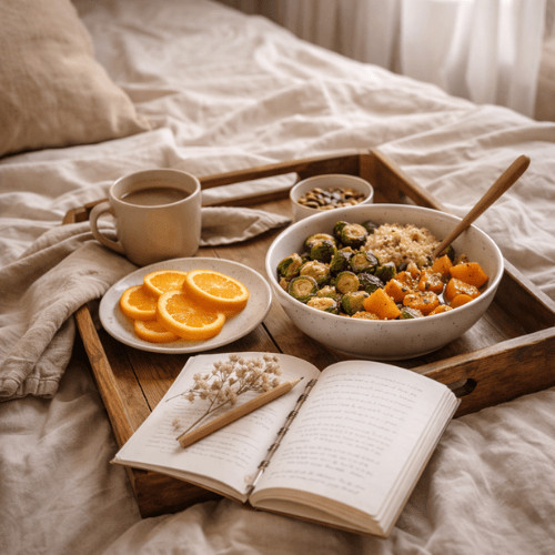 Ruhiges, feminines Bild, das den weiblichen Zyklus, hormonelle Veränderungen und das innere Erleben in der Lutealphase symbolisiert.