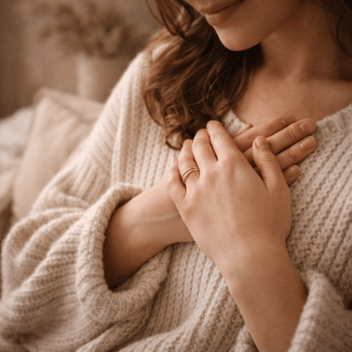 Ruhiges, feminines Bild, das den weiblichen Zyklus, hormonelle Veränderungen und das innere Erleben in der Lutealphase symbolisiert.