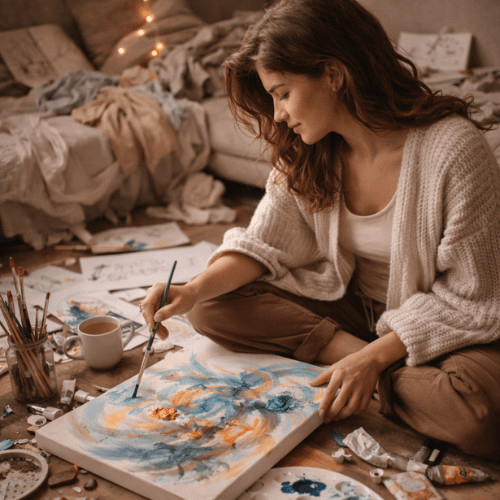 Ruhiges, feminines Bild, das den weiblichen Zyklus, hormonelle Veränderungen und das innere Erleben in der Lutealphase symbolisiert.