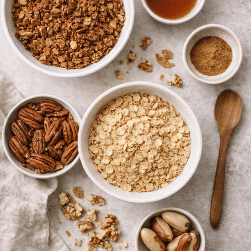 Proteinreiches Granola im Glas aus Sojaflocken und Nüssen, natürlich gesüßt und ohne Industriezucker selber machen