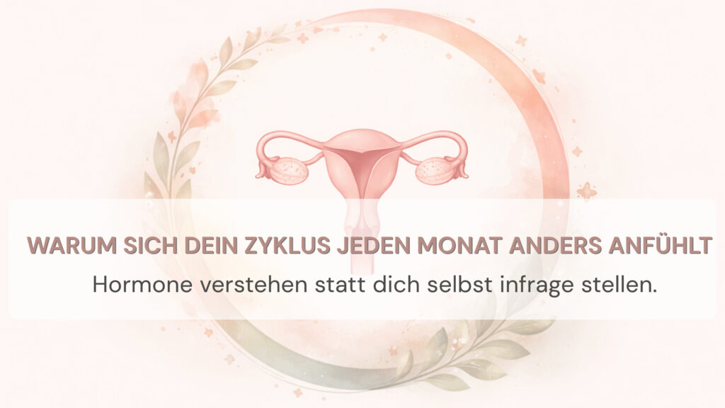 Illustration zum weiblichen Zyklus, die hormonelle Abläufe und Zyklusphasen zeigt und erklärt, wie Hormone Stimmung, Energie und Körperempfinden beeinflussen.