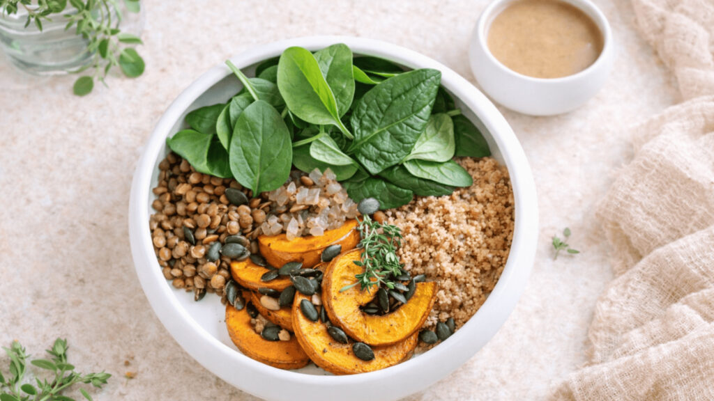 Wärmende vegane Bowl mit Ofenkürbis, Linsen und nährstoffreichen Zutaten, ideal für stabile Energie, Blutzuckerbalance und hormonfreundliche Ernährung.