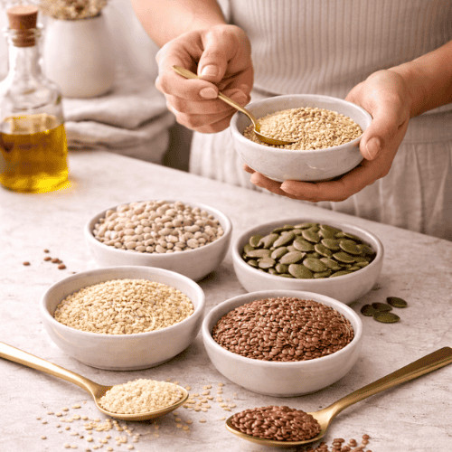 Samen für Seed Cycling – Leinsamen, Kürbiskerne, Sesam und Sonnenblumenkerne in schlichten Schalen auf hellem, ruhigem Hintergrund.