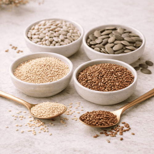 Samen für Seed Cycling – Leinsamen, Kürbiskerne, Sesam und Sonnenblumenkerne in schlichten Schalen auf hellem, ruhigem Hintergrund.