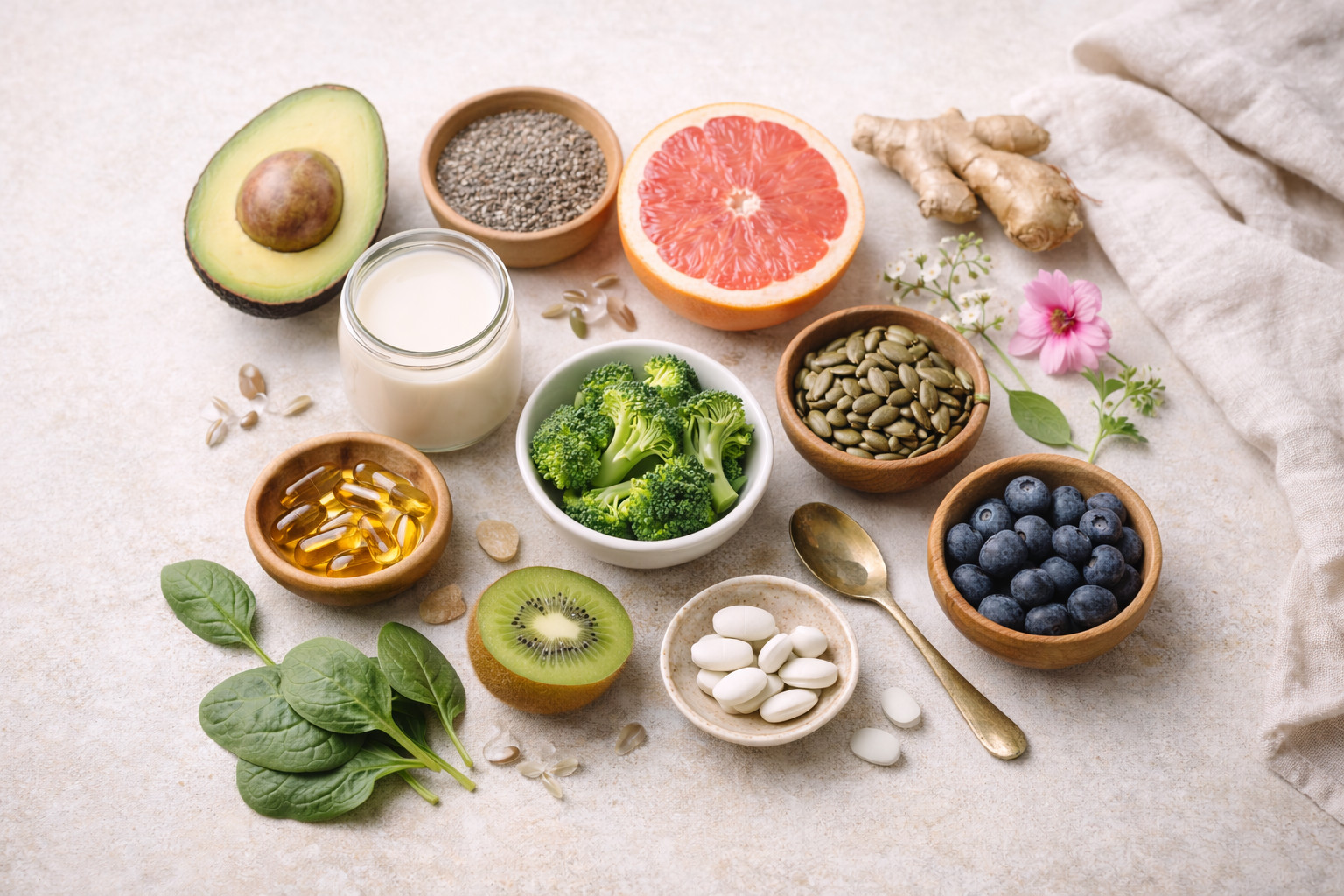 Vegane Lebensmittel mit wichtigen Nährstoffen für Frauen wie Eisen, Omega-3, Calcium und Vitamine – natürlich, ausgewogen und alltagstauglich.