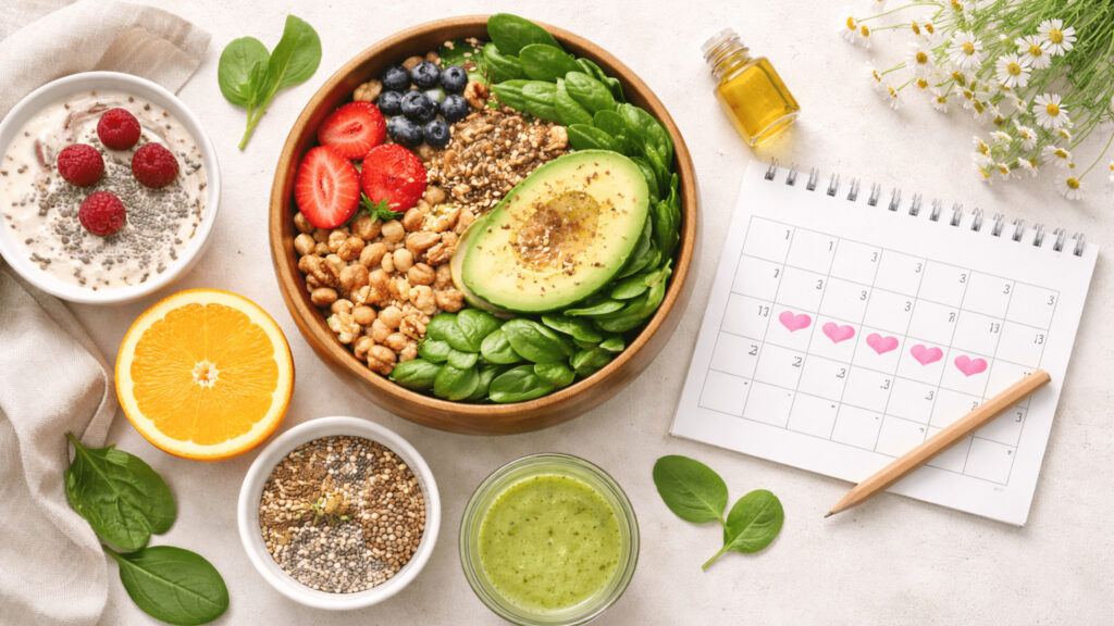 Helle, ruhige Darstellung einer pflanzenbasierten Ernährung im Zusammenhang mit dem weiblichen Zyklus, die zeigt, wie ausgewogene vegane Mahlzeiten Energie, Wohlbefinden und Zyklusbewusstsein unterstützen können.