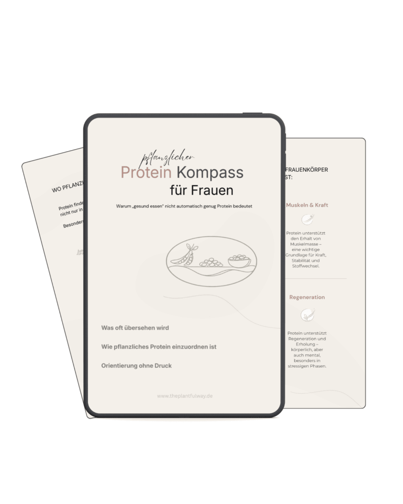 Tablet-Mockup des Protein-Kompass mit Cover zu pflanzlichem Protein für Frauen