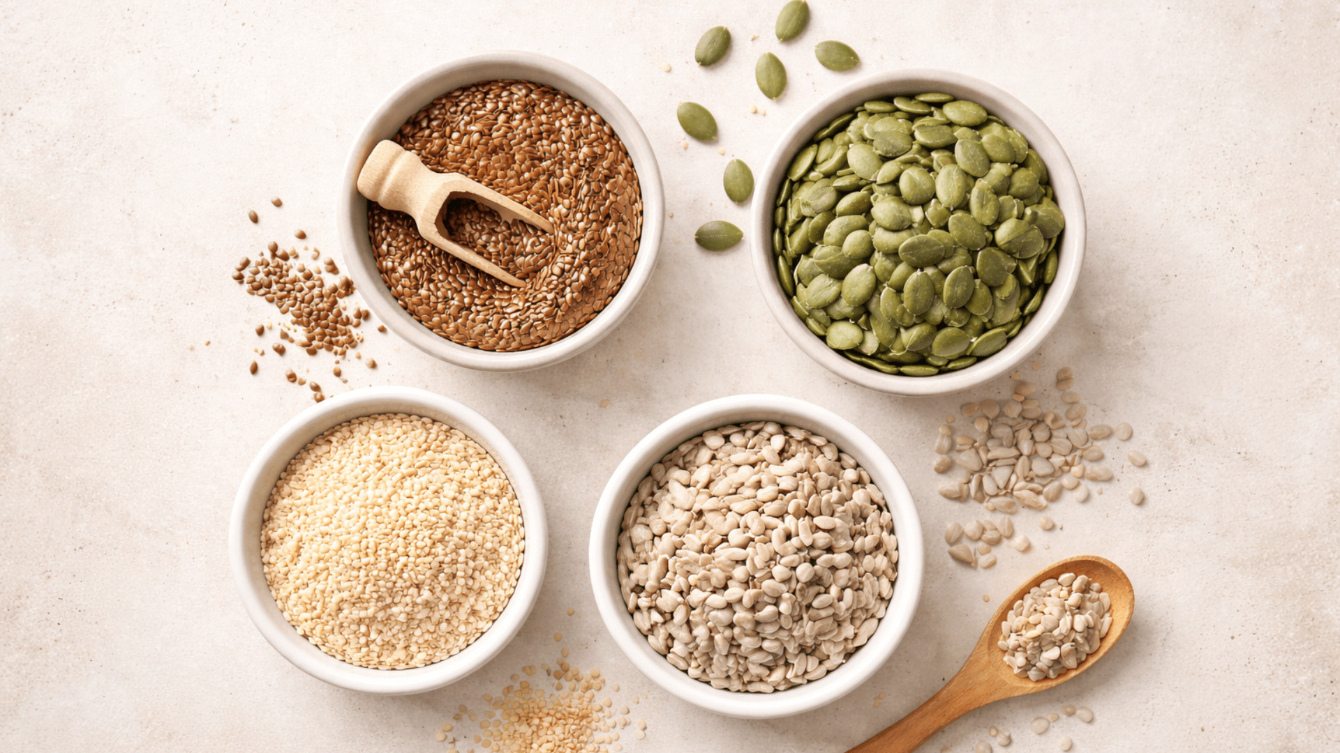 Samen für Seed Cycling – Leinsamen, Kürbiskerne, Sesam und Sonnenblumenkerne in schlichten Schalen auf hellem, ruhigem Hintergrund.