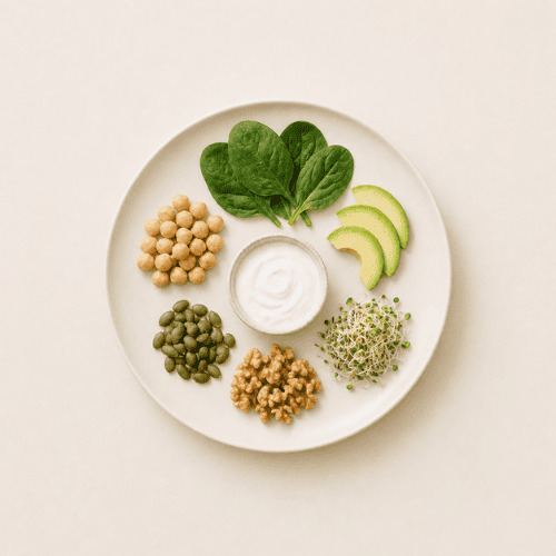 Gesunde vegane Ernährung in der Follikelphase mit frischen Lebensmitteln wie Obst, Gemüse und pflanzlichen Zutaten für mehr Energie im weiblichen Zyklus