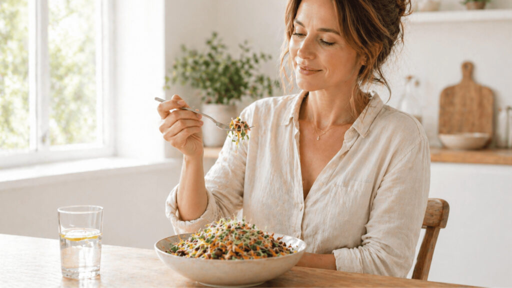 Alltagssituationen rund um Follikelphase Ernährung, gesunde pflanzliche Mahlzeiten und bewusster Umgang mit Energie im weiblichen Zyklus für mehr Balance und Wohlbefinden