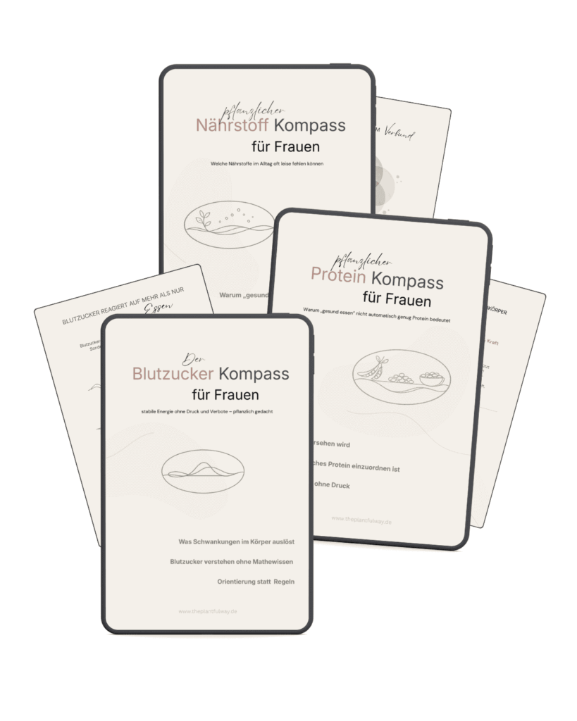 Tablet Mockup des Nährstoff, Blutzucker, Protein Kompass für Frauen mit Cover eines pflanzlichen Ernährungs Guides