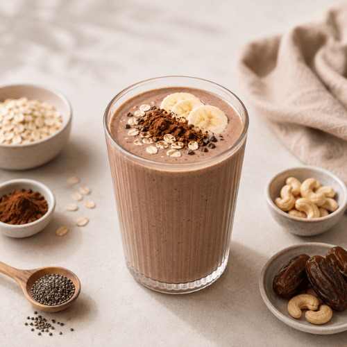 Hormonfreundliche Smoothies für jede Zyklusphase mit nährstoffreichen Zutaten wie Beeren, Kakao, Kiwi, Haferflocken und Joghurt. Blutzuckerfreundliche vegane Smoothie Rezepte für Menstruation, Follikelphase, Eisprung und Lutealphase.