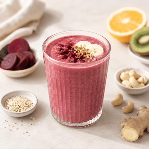 Hormonfreundliche Smoothies für jede Zyklusphase mit nährstoffreichen Zutaten wie Beeren, Kakao, Kiwi, Haferflocken und Joghurt. Blutzuckerfreundliche vegane Smoothie Rezepte für Menstruation, Follikelphase, Eisprung und Lutealphase.