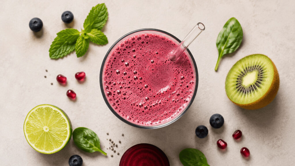 Hormonfreundliche Smoothies für jede Zyklusphase mit nährstoffreichen Zutaten wie Beeren, Kakao, Kiwi, Haferflocken und Joghurt. Blutzuckerfreundliche vegane Smoothie Rezepte für Menstruation, Follikelphase, Eisprung und Lutealphase.
